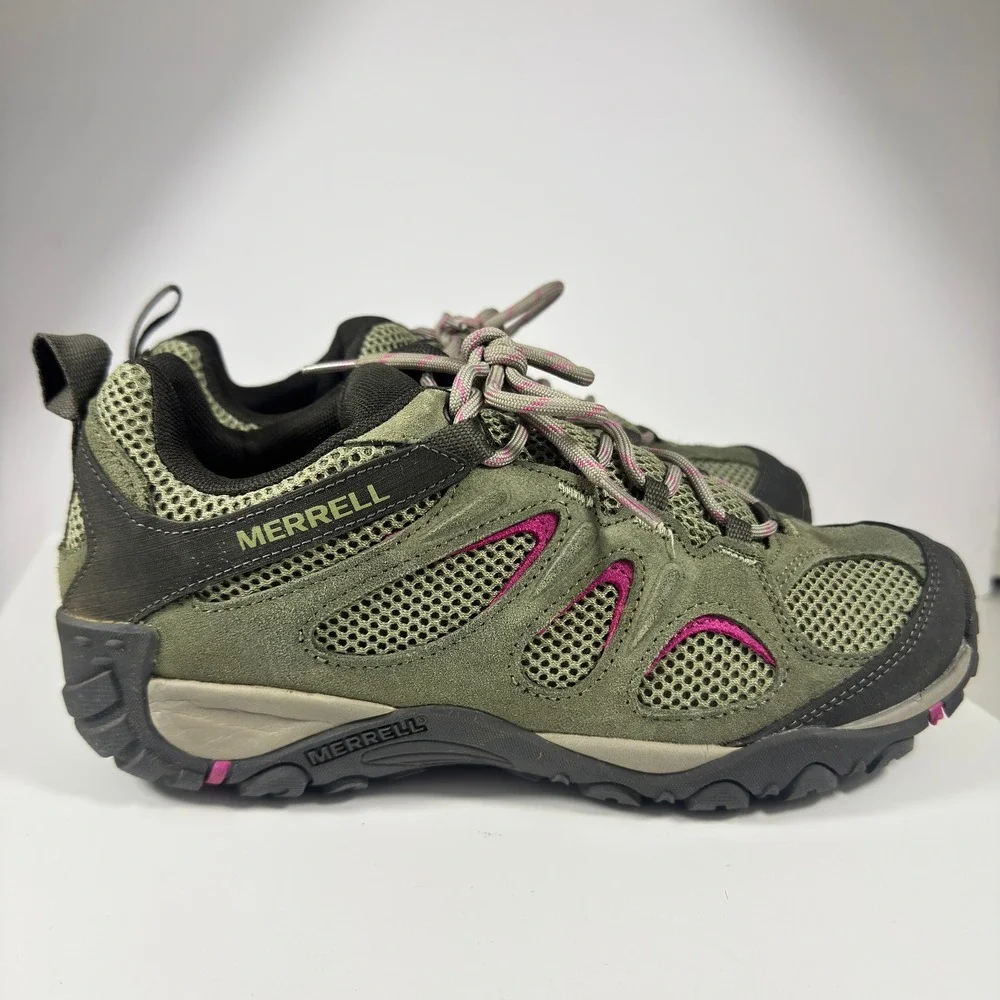 Merrell Alverstone Hiking Shoes Womens 9.5 Olive Green Pink Suede Mesh J135202